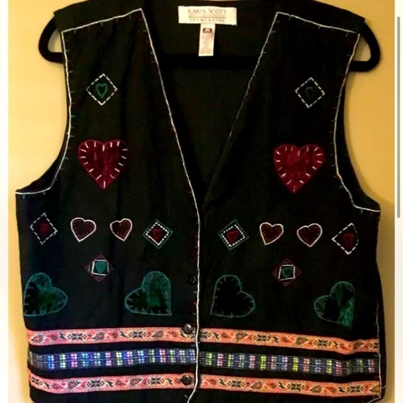 Karen Scott Large Vest Womens Velvet Embroirdered Hearts Green Red Christmas - Picture 2 of 9